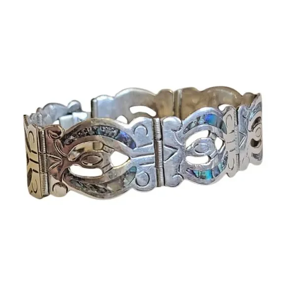 Vintage Abalone Sterling Silver 925 Panel Bracelet Iguala Mexico Signed - Picture 7 of 13